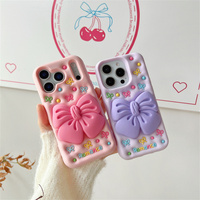 Coque de téléphone portable en silicone avec support romantique motif nœud de dessin animé pour iPhone 17 16 15 Pro Max, support papillon mignon, coque arrière en caoutchouc