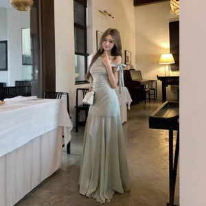 Vestido de malla verde estilo francés para mujer, largo hasta el suelo, cintura natural, asimétrico, de gasa, color liso, poliéster/algodón, para verano - Product Image 2