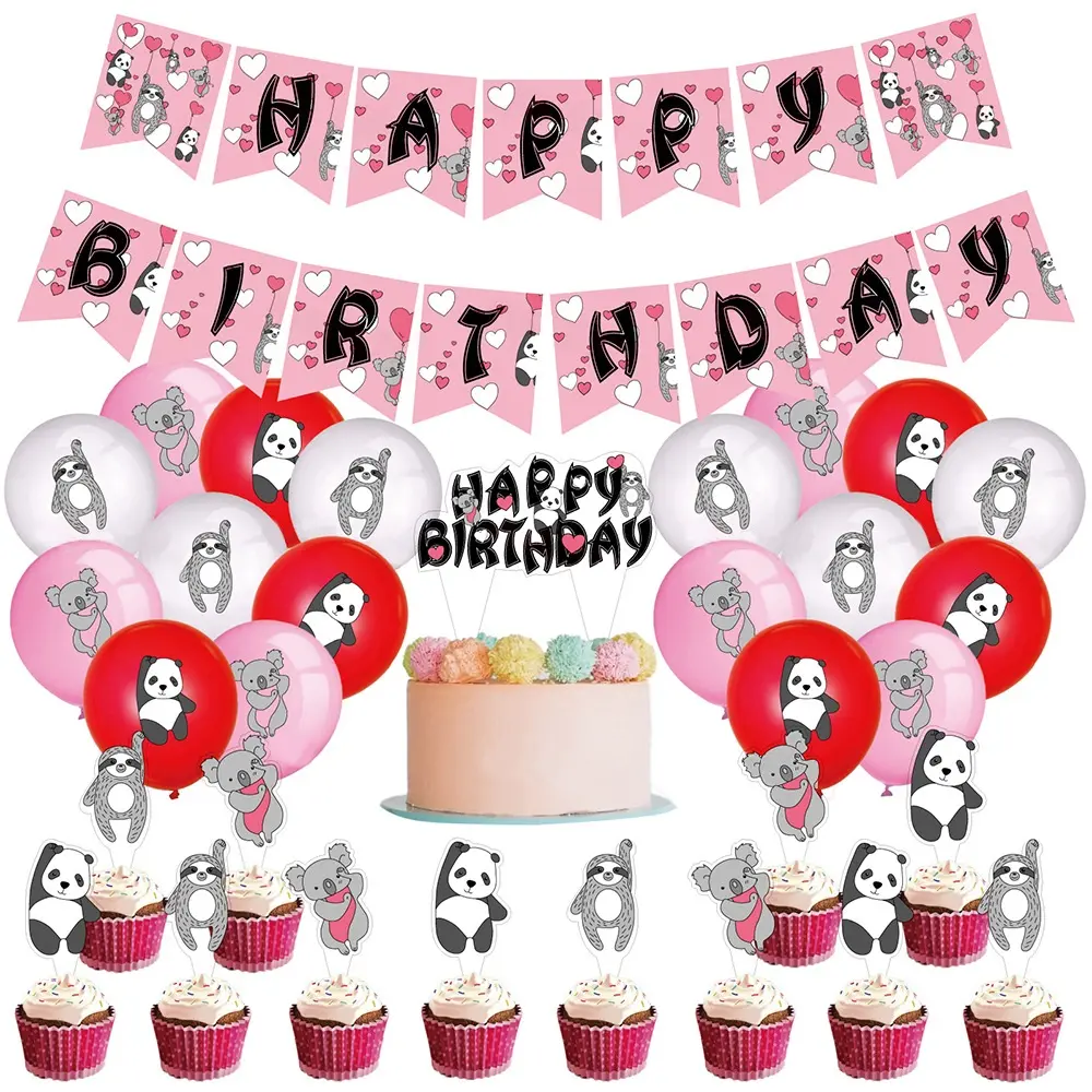 Panda Solth Koala Tema Selamat Ulang Tahun Ornamen Set Dicetak Lateks Balon Banner Kue Toppers