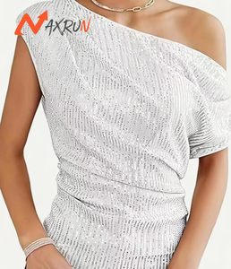 <span class=keywords><strong>Top</strong></span> de lentejuelas con cuello oblicuo de verano, blusa de lentejuelas de manga corta, <span class=keywords><strong>Top</strong></span> informal de lentejuelas rojas con hombros descubiertos para mujer - Product Image 1