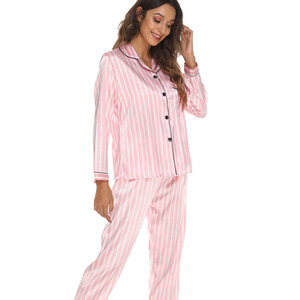 Ensemble de pyjama en satin imprimé classique de luxe pour femmes, cardigan ouvert sur le devant, pantalon long, tenue de nuit rayée florale - Product Image 6