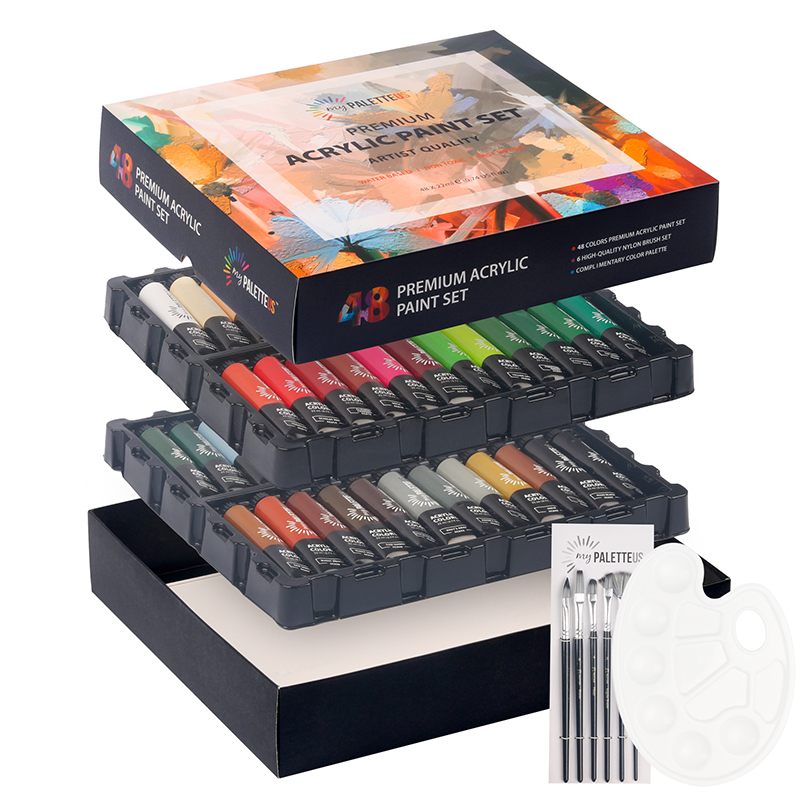 Novo — ensemble de peinture acrylique Non toxique, pour artiste professionnel, Palette en plastique, 48 couleurs, 55 pièces, 22ml