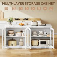 Îlot de cuisine moderne SENYU blanc avec portes en verre et éclairage interne, armoire en MDF pour rangement et présentation