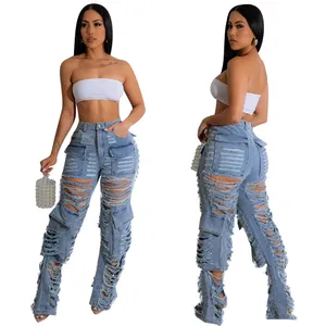 Bleu clair femme streetwear pour femmes déchirer déchiqueté déchiré taille haute jean droit femmes pantalon cargo pour femmes dames