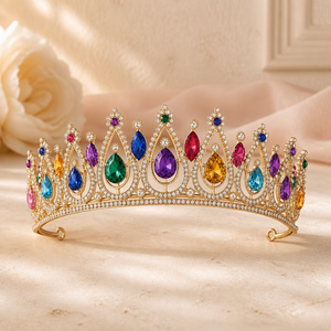 Diadème en pierres colorées avec des gouttes multicolores en or pour femmes, idéal pour le <span class=keywords><strong>carnaval</strong></span> et les défilés de Mardi Gras, élégant diadème de festival - Product Image 2