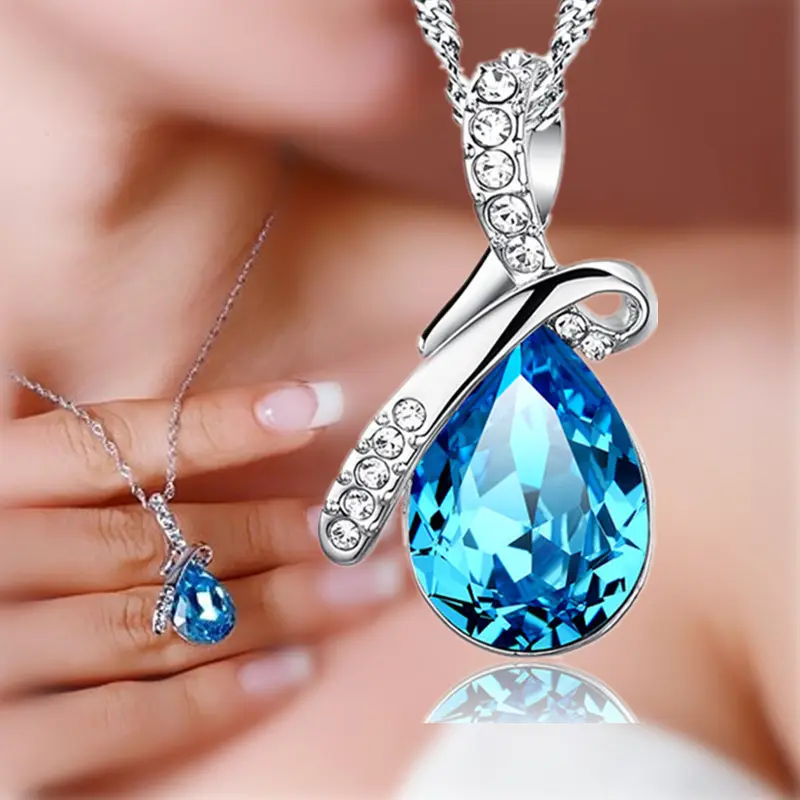 Tears Of Angels Blue Crystal Necklace Chain High Quality Silver Jewelry Necklace Made Of China
