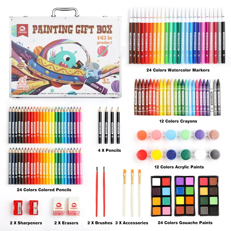 Custom P022T03 145pcs art sets supplies artist box painting set de arte DIY Educational Coloring art kit for kids