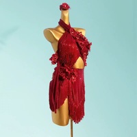 Robe de performance pour adulte de danse latine, imprimé floral, avec diamants et pompons, 100% polyester, style kits