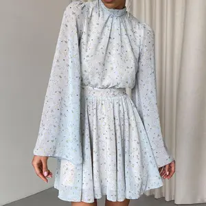 Vestido de chiffon feminino de manga bufante com decote em V, moda elegante de verão 2024, design de venda quente