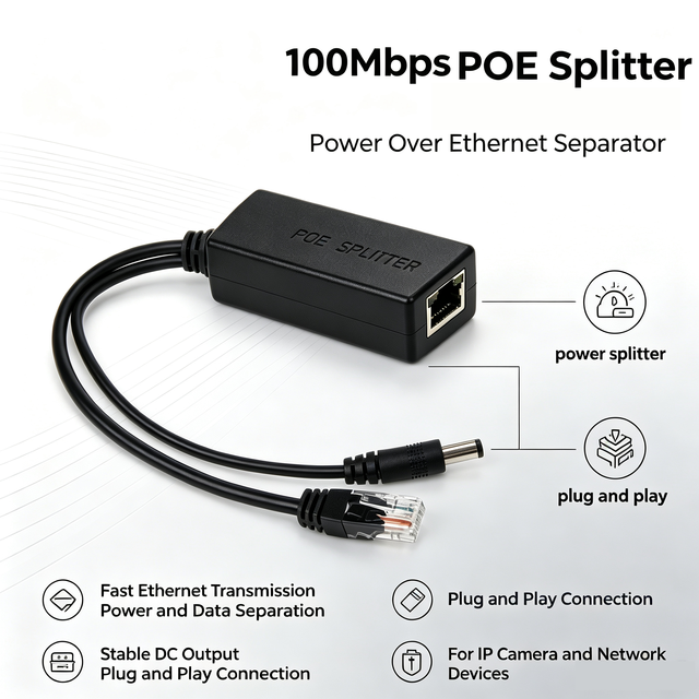 Fast Ethernet POE Splitter 48V to 12V DC Output Adapter for IP Camera Power Supply