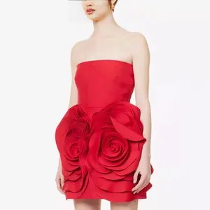 Fashion Red Cocktail Party Dresses Women Strapless Sleeveless Chic And Pretty 3D Flower Sweet Cute A -Line Mini Bandage Dress