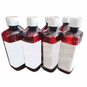 Botella PET Cuadrada Transparente Ámbar Tris de Cuello Alto - 473 ml, Etiqueta Azul, Tapa de Rosca Blanca de 28/400 mm, Envase para Medicamentos - Product Image 1