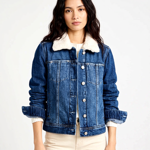 Haute qualité femmes hiver Denim Jean veste vraie fourrure personnalisable bleu Jeans imprimé coton veste broderie en gros - Product Image 1