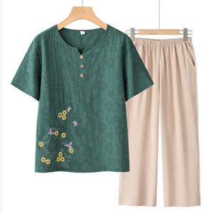 Traje <span class=keywords><strong>de</strong></span> <span class=keywords><strong>Verano</strong></span> <span class=keywords><strong>de</strong></span> Manga Corta para Mamá, Conjunto <span class=keywords><strong>de</strong></span> Dos Piezas con Textura y Bordado para <span class=keywords><strong>Abuela</strong></span>, Ropa Casual <span class=keywords><strong>de</strong></span> Talla Grande para Personas Mayores - Product Image 2