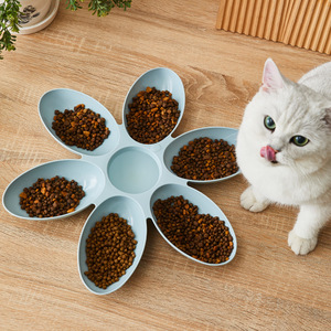 Petal Shaped Cat Bowl Blue Plastic Feeder For Cats With Five Compartments Pet Food And Water Dish - Product Image 1
