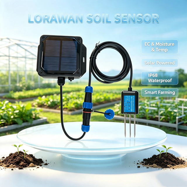 LoRaWAN Solar 3-in-1 Soil EC Moisture Temperature Sensor, Wireless Conductivity Monitor for Smart Precision Agriculture