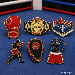 Pins de solapa metálicos esmaltados personalizados al por mayor para deportes de boxeo: Insignias de guantes de boxeo, cinturones de campeón y motivos de knockout - Product Image 1