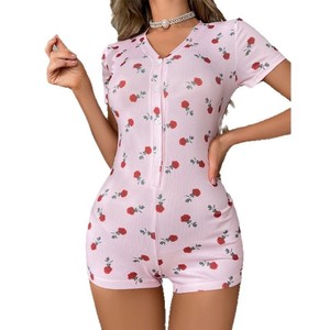 Pyjama une pièce floral pour femme SMOOTH, imprimé rose d'été, col en V, manches courtes, short, vêtements de détente - Product Image 5