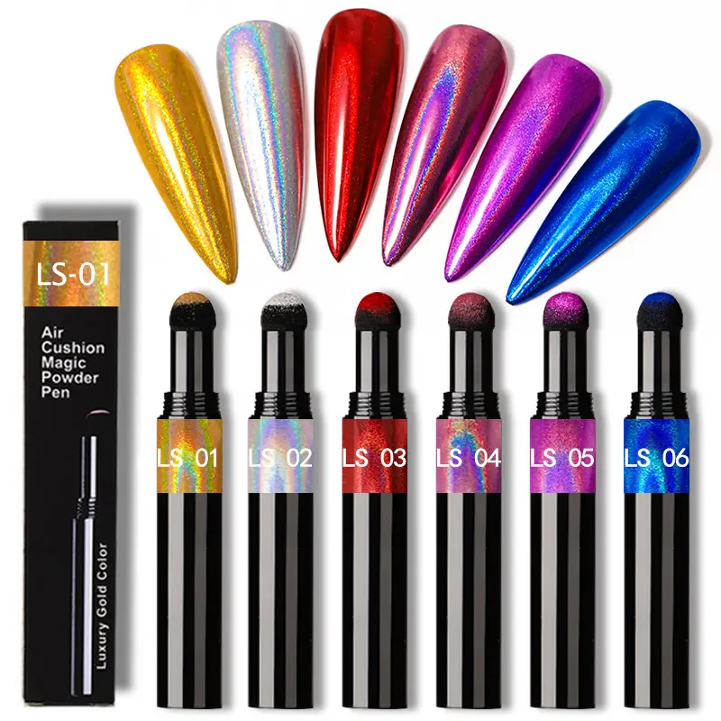 New Fashion Maniküre Pulver Pad Stift Spiegel Holo graphischer Laser 6-Farben Flash Staub pulver Metall Nagellack Pulver