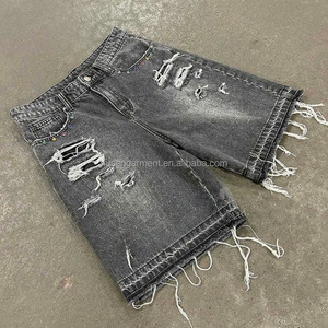 Shorts de <span class=keywords><strong>Jeans</strong></span> Masculinos Personalizados por Atacado, Estilo Retro, Com Bordas Desgastadas, <span class=keywords><strong>Jeans</strong></span> Preto Lavado com Strass - Product Image 1