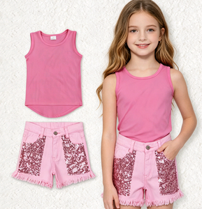 Conjuntos de Ropa para Niñas Pequeñas, Camiseta Casual sin Mangas de Verano RTS, Pantalones Cortos de Mezclilla con Lentejuelas, 2 Piezas, Conjuntos de Ropa Infantil Bonitos - Product Image 3