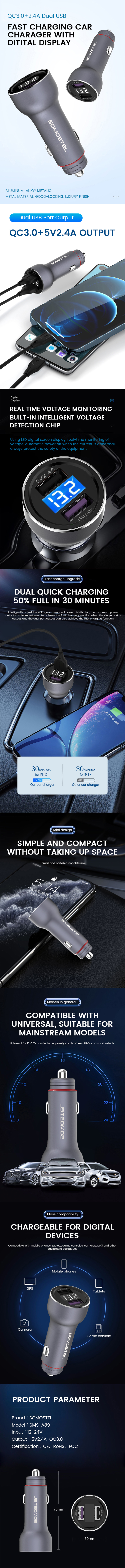 Somostel-Cargador de Coche SMS-A89 QC3.0, salida Dual, rápido, para teléfono móvil