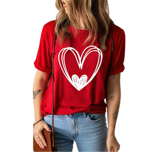 Camiseta de algodón con cuello redondo y estampado de corazón, holgada, informal, de moda de verano para mujer, estilo europeo-americano, en stock para envío transfronterizo en AliExpress - Product Image 1