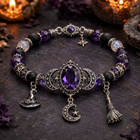 Bracelet gothique pour femme, cadeau d'Halloween, bracelet en améthyste naturelle avec pendentif étoile de sorcière, lune et balai magique