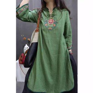 Chinese Style Cotton Linen Dress Mandarin Collar Embroidery Loose Fit Mid Length <b>Three</b> Quarter Sleeves Daily Wear Green Black - Product Image 3