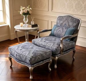 Luxury French Paisley Armchair & Ottoman Set, Upholstered Living Room Accent Chair with Silver <b>Frame</b> - Product Image 1