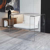 Fauteuil lounge sans accoudoirs en acrylique transparent de luxe nordique avec coussin en cuir/velours pour appartement, hall d'hôtel, salon, café, lounge
