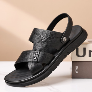 Sandalias de Cuero para Hombre, Punta Abierta, Suela de Goma, Entresuela de EVA, Chanclas de Playa de Verano, Color Sólido, Cómodas y Casuales - Product Image 1