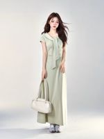 Robe longue élégante pour femme, collection été 2026, col marin, nœud papillon, taille froncée, coupe ajustée, pour soirées décontractées