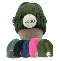 Gorro de Punto Desgastado con Borde Deshilachado y Logotipo Personalizado, Estilo Y2K Grunge, Gorro de Invierno con Puño Acanalado para Hombre y Mujer
