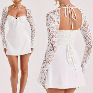 Minimum order quantity: Luxury stretch floral lace long bell sleeve mini <b>dress</b> custom cotton embroidery <b>dress</b> - Product Image 5