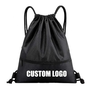 Hot Sale Custom Logo Waterproof Gym Black Blank Polyester Drawstring Bag Sport Knapsack Drawstring <b>Backpack</b> with Zipper Pocket - Product Image 1