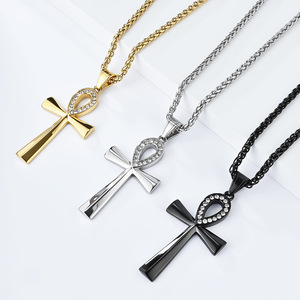 Popular yunnique style ancient Egyptian Ankha diamond-encrusted cross necklace pendant for men, colorfast <b>titanium</b> - Product Image 2