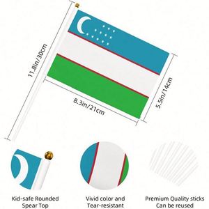 Uzbekistan <b>Flag</b> 14x21CM Digital Printing Polyester Flying Country Stick Uzbek Hand Waving <b>Flags</b> With Plastic Flagpole - Product Image 4