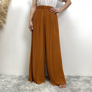2296# Pleated Chiffon Gorgeous Wide Leg Pants With Elastic Waistband Islamic Women <b>Summer</b> Fashion Long Trousers 3 Colors - Product Image 5