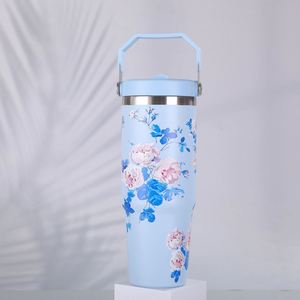 Gobelet de voyage isotherme sous vide 20oz 30oz avec poignée, couvercle, paille et base antidérapante, pour boissons froides et chaudes - Product Image 6