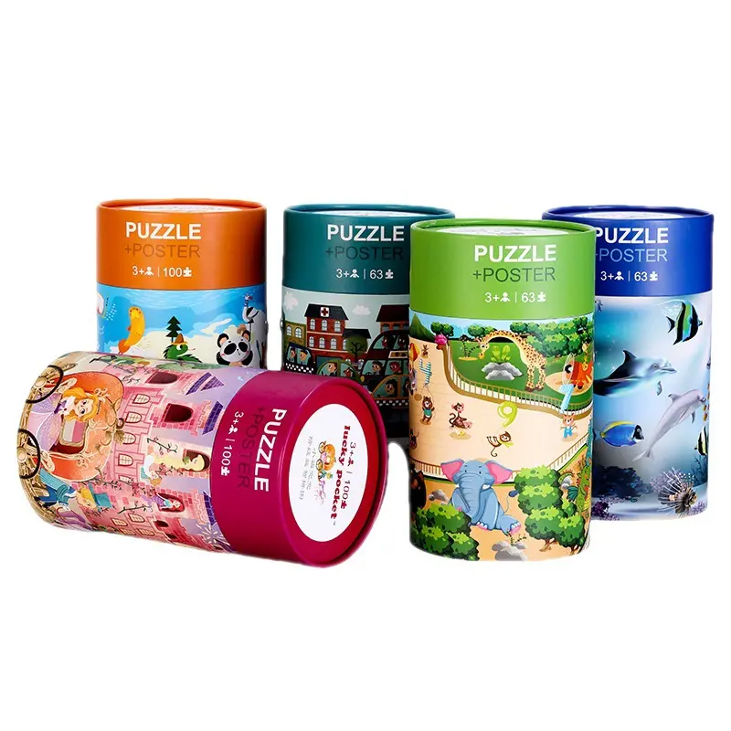Custom Cardboard Paper 100 Pieces Jigsaw Puzzle for Kids Education Toy Cylinder Tube box
