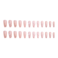 Faux ongles à presser forme cercueil moyenne, 24 pièces, avec base rose nude, French manucure pailletée, fleur 3D, nœud et perle, en ABS, pour filles