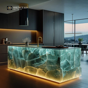 Encimera de Barra de Cocina con Cascada, de Piedra Translúcida de Resina de Cuarzo Cristal Verde Iluminado - Product Image 4