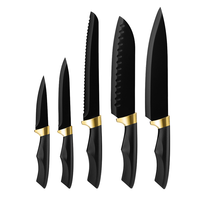 Ensemble de 5 couteaux de cuisine professionnels noirs en acier inoxydable antiadhésifs : couteau de chef, couteau à pain, couteau utilitaire, couteau à éplucher