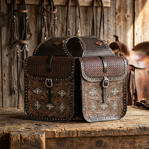 Sacoche de moto en cuir véritable style western, sculptée et gravée à la main, couleur et taille personnalisées, avec accessoires en acier inoxydable - Product Image 2