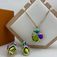 Ensemble de bijoux ovales multicolores en zircon enveloppés de métal, collier et boucles d'oreilles pour femmes, accessoire de luxe rétro KY25154