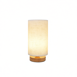Lámpara de Noche Minimalista con Base de Madera y Pantalla Redonda de Tela Beige, Luz LED Cálida para Dormitorio, Diseño para Espacios Pequeños - Product Image 1