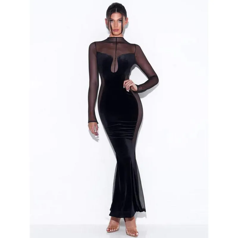 A7171 Popular Style Sexy See-through Maxi Party Dress Green Black Velvet Long Cocktail Dress
