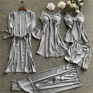 뜨거운 새로운 소매 제품 4 조각 세트 여성 여름 잠옷 신부 가운 실크 목욕 가운 여성 실크