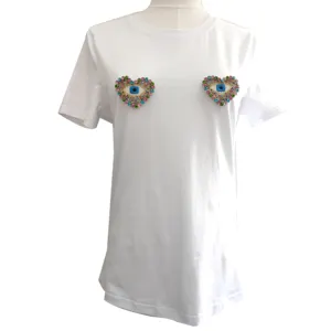 Hot Luxury Diamond Beaded Graphic T-Shirt Women O-Neck Customized Summer Short Sleeve Cotton Top Rinoceronte Spandex Fabric